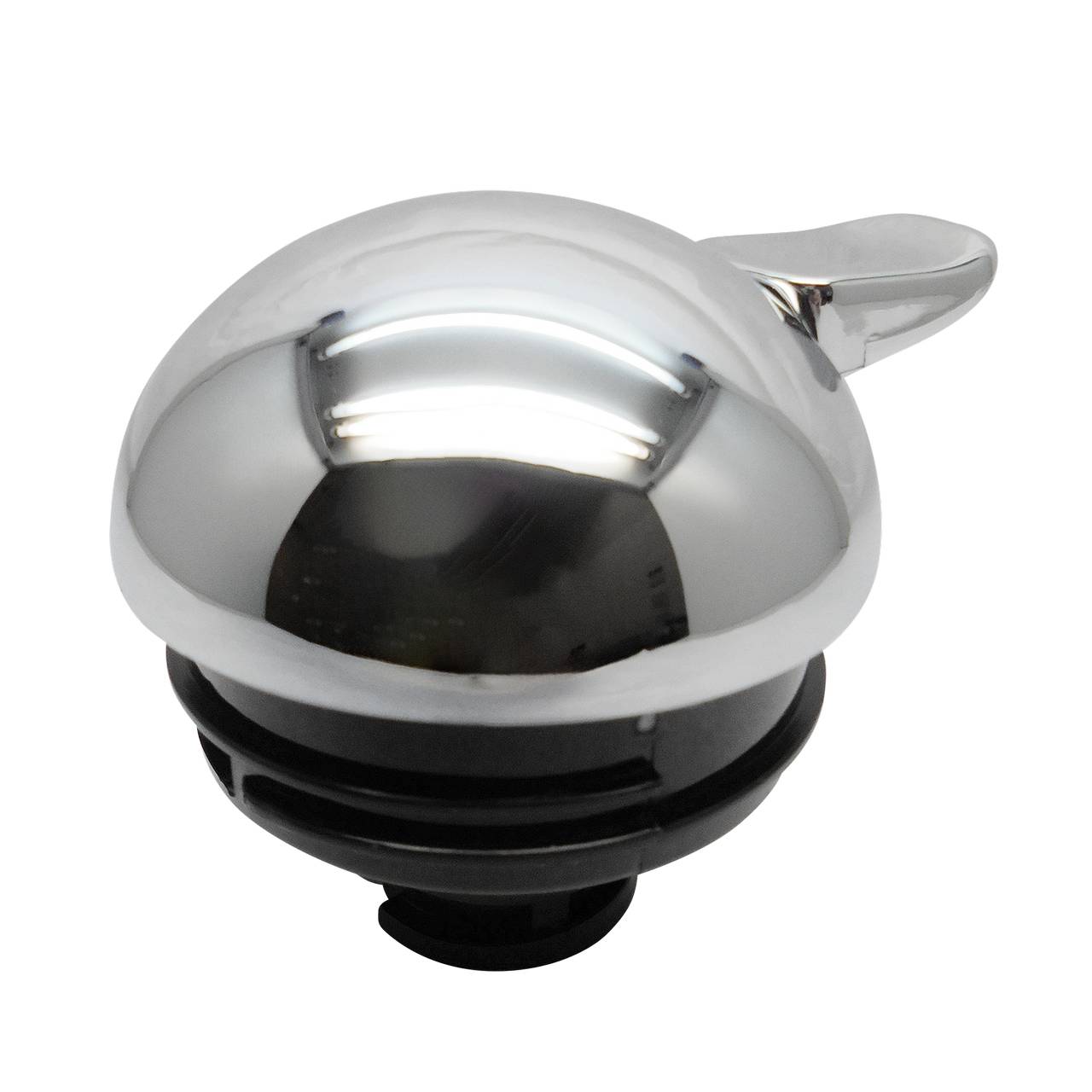 Das Bild zeigt eine verchromte Fahrradklingel mit einer glatten, glänzenden Oberfläche. Sie hat eine kleine, sich nach oben verjüngende Betätigungslasche. Die Klingel ist auf einem schwarzen Sockel montiert.