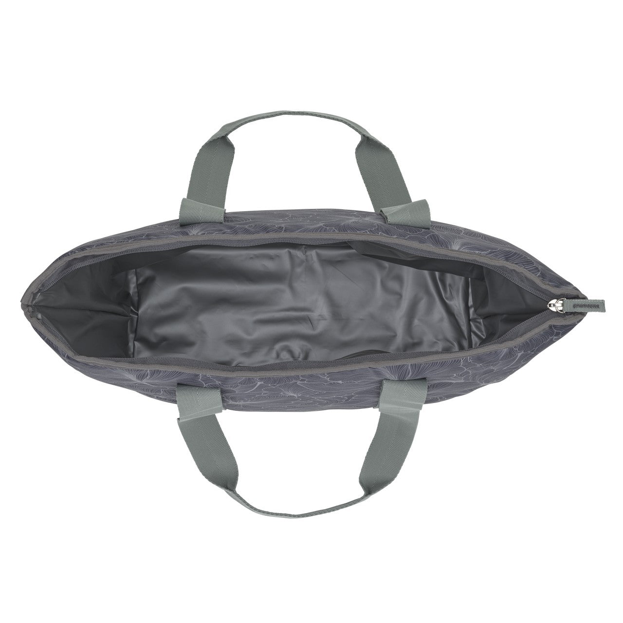 Das Bild zeigt eine geöffnete graue Tasche von oben, deren Innenraum leer ist. Sie hat zwei Tragegriffe und einen Reißverschluss.