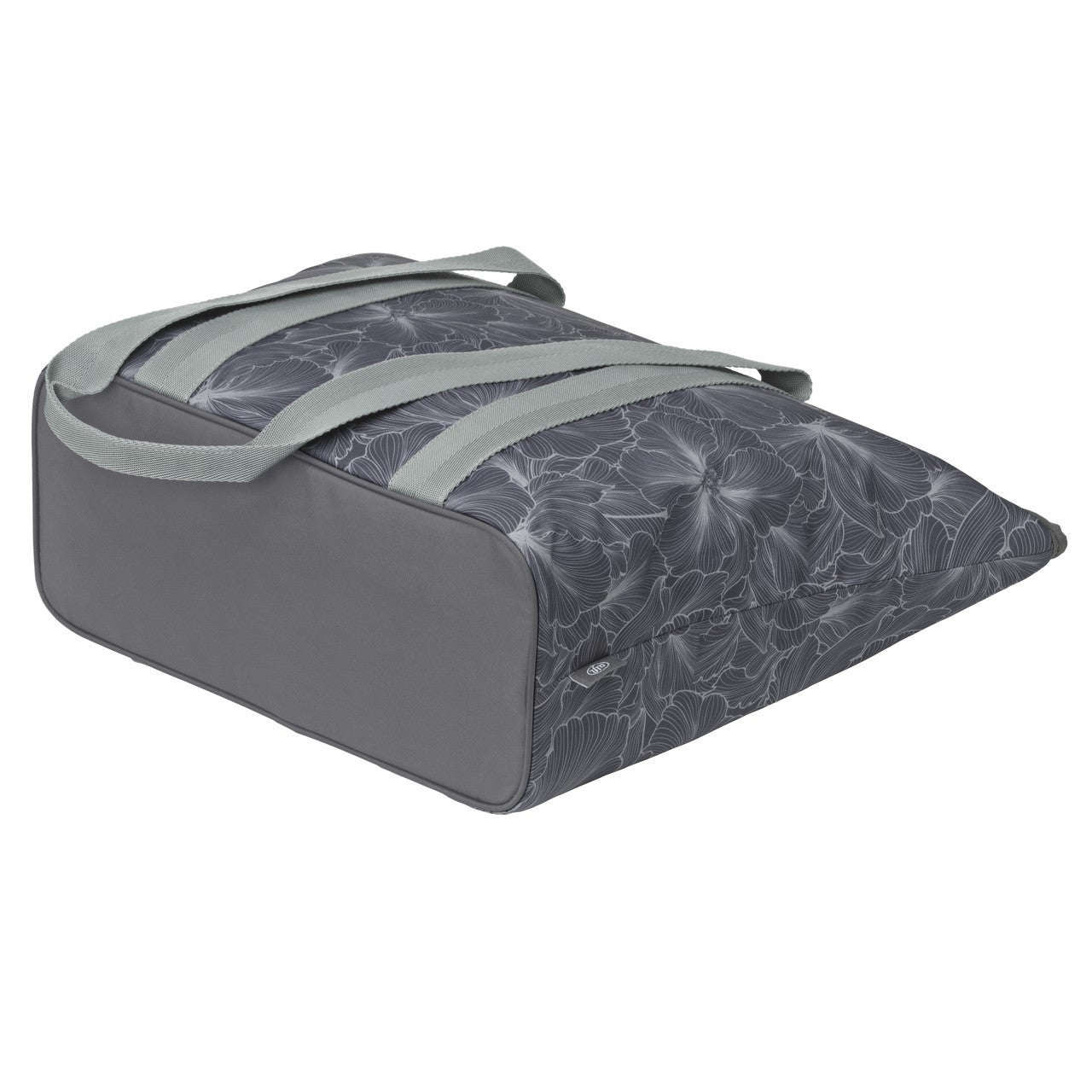 Das Bild zeigt eine rechteckige, weich gepolsterte Tragetasche mit blumigem Muster in grau-schwarzen Tönen. Die Tasche hat zwei lange, flache Henkel zum Tragen.