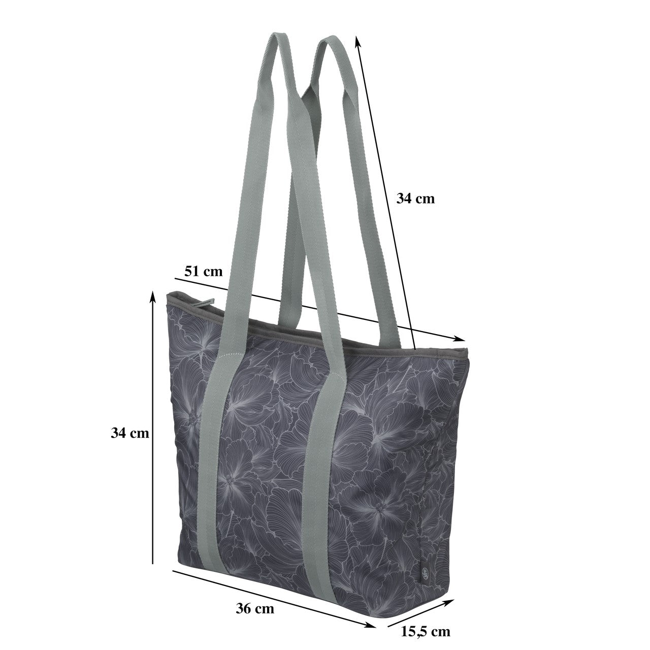 Auf dem Bild ist eine graue Handtasche mit einem floralen Muster zu sehen. Sie hat lange, schmale Tragegriffe und ihre Maße sind mit 51 cm Länge, 34 cm Höhe und 15,5 cm Tiefe angegeben.