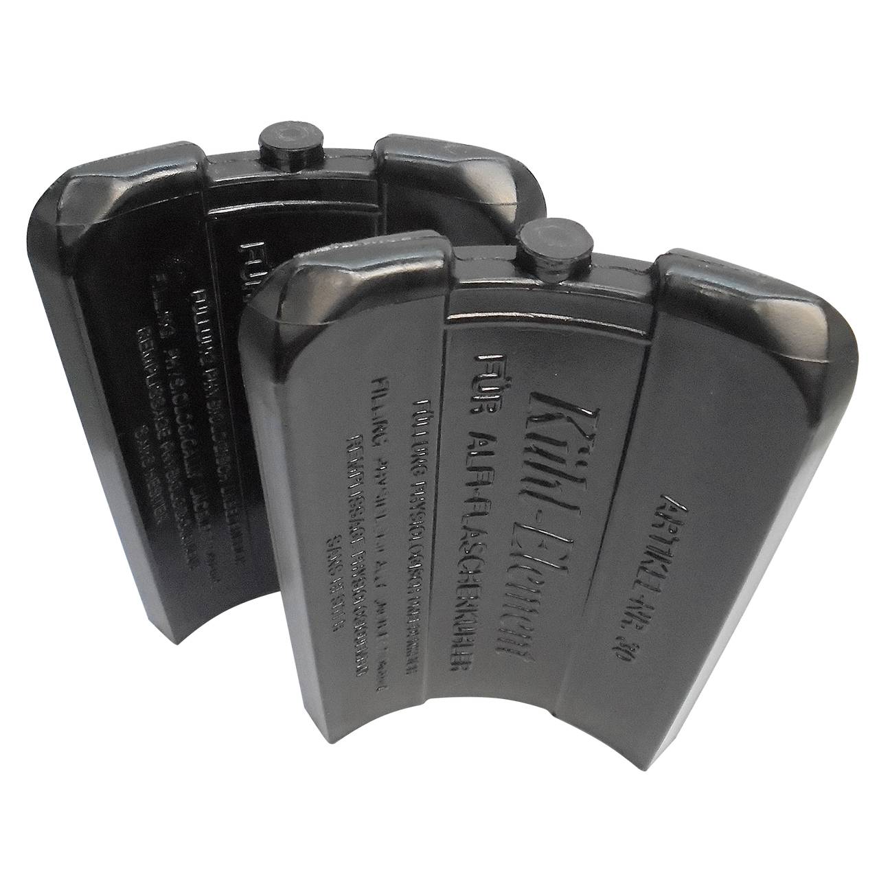 Auf dem Bild sind zwei schwarze Kunststoffblöcke zu sehen, die nebeneinander stehen. Sie haben abgerundete Ecken und scheinen eine Art Beschriftung oder Gravur auf der Oberfläche zu haben. Die Form der Blöcke ist leicht gewölbt und sie wirken robust.