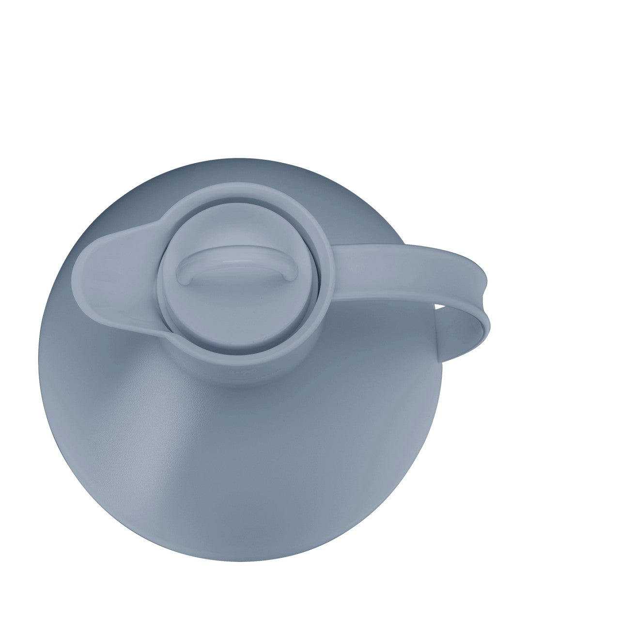 Das Bild zeigt eine graue Thermoskanne von oben mit einem runden, flachen Deckel, der einen Griff hat. Der Griff erstreckt sich seitlich vom Korpus der Kanne.