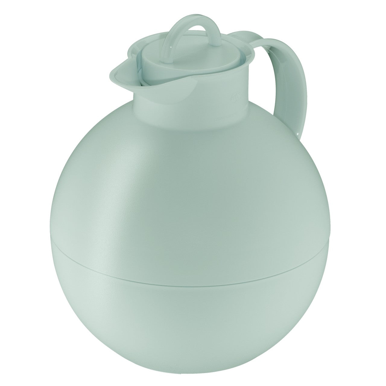 Das Bild zeigt eine kugelförmige Thermoskanne in einem hellen Pastellgrün. Sie hat einen Henkel und einen Deckel mit einem integrierten Ausgießer.