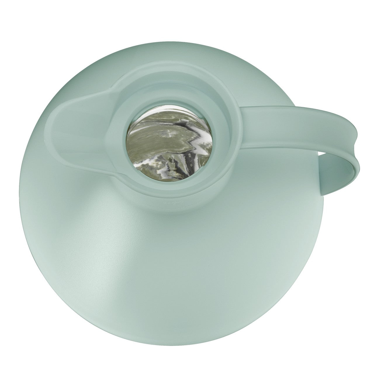 Das Bild zeigt die Draufsicht auf eine hellblaue Thermoskanne mit einem runden, spiegelnden Deckel in der Mitte. Der Griff ist rechts zu sehen und geht spiralförmig von der Kanne ab.