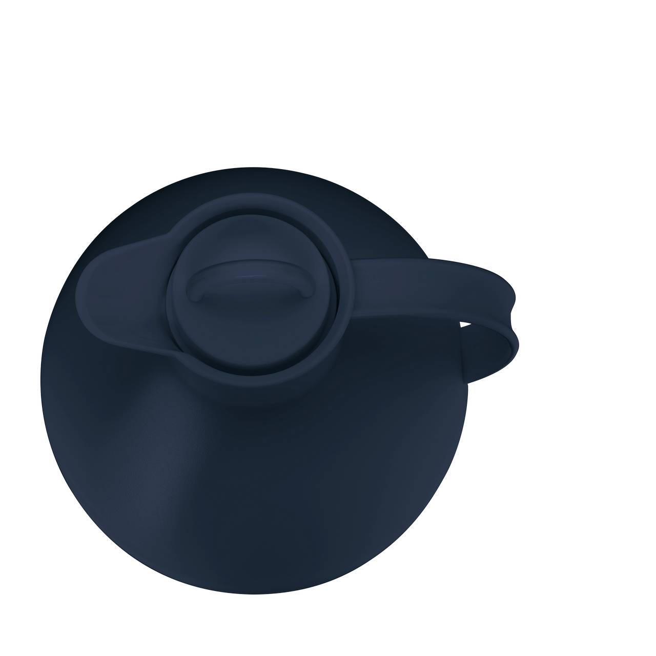 Das Bild zeigt die Draufsicht auf einen dunkelblauen Deckel mit einem Griff, der an einen Wasserflaschenverschluss erinnert. Der Deckel hat eine runde Form mit einem zentralen, hervorgehobenen Bereich in der Mitte.