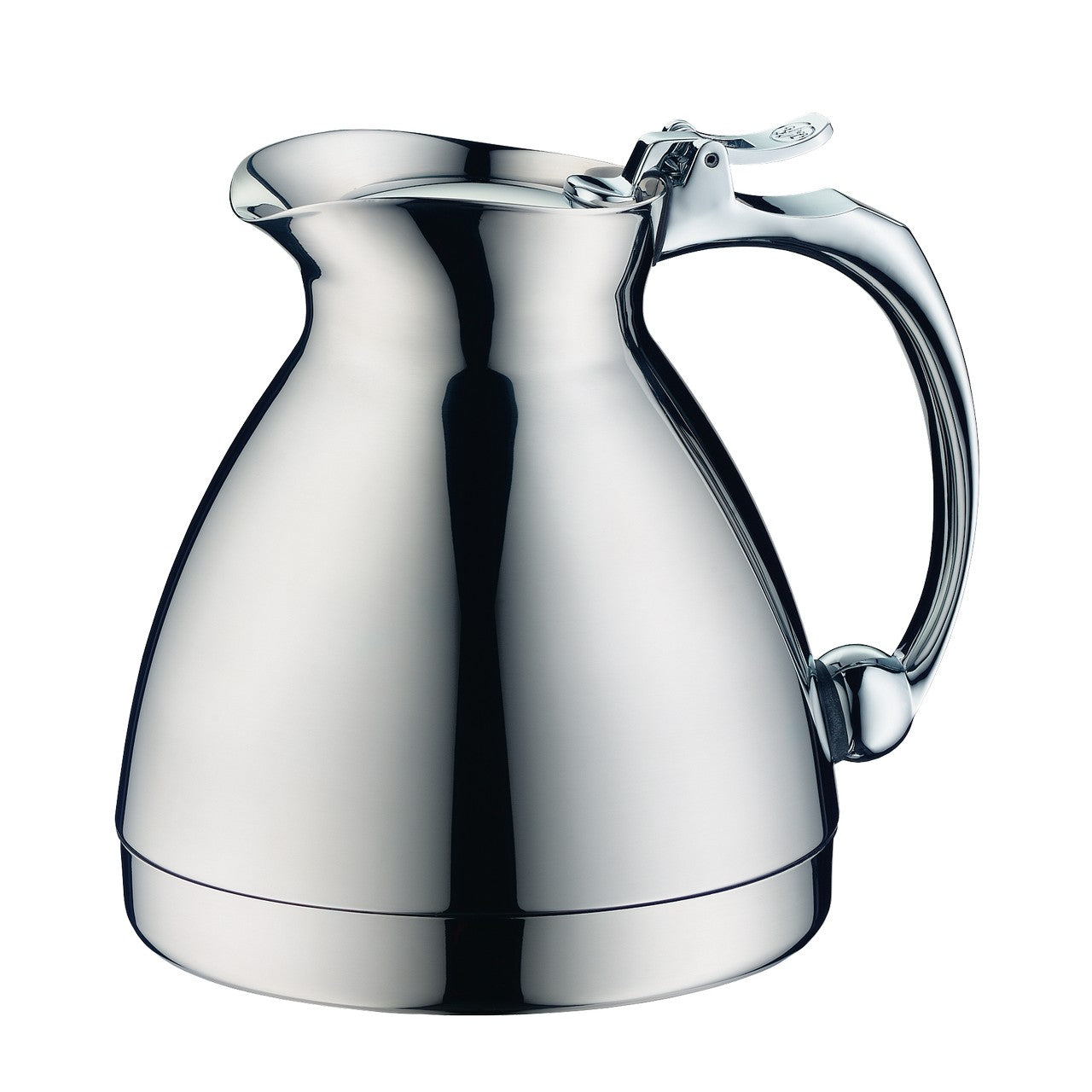 Auf dem Bild ist eine glänzende, metallische Thermoskanne zu sehen. Sie hat eine bauchige Form, einen schmalen Ausguss und einen eleganten Henkel.