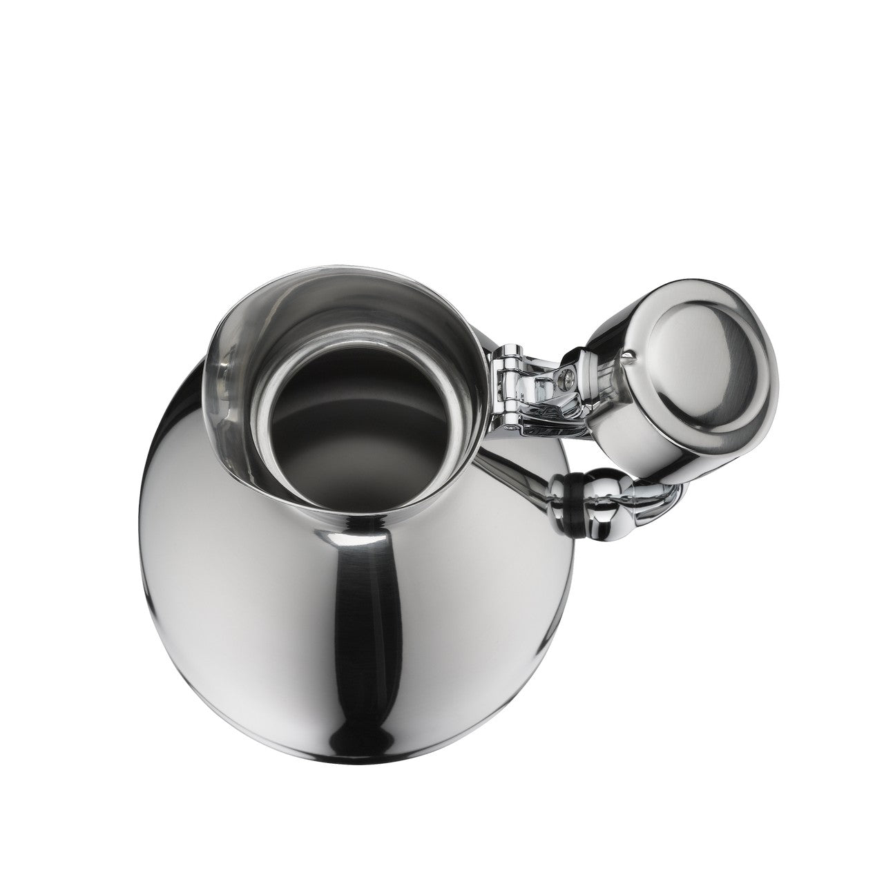 Das Bild zeigt ein stilvolles, modernes Teekännchen aus Edelstahl mit glänzender Oberfläche. Der Deckel ist leicht geöffnet und am Griff befindet sich ein kleiner Knauf. Die Kanne ist minimalistisch und hat eine kugelförmige Form.