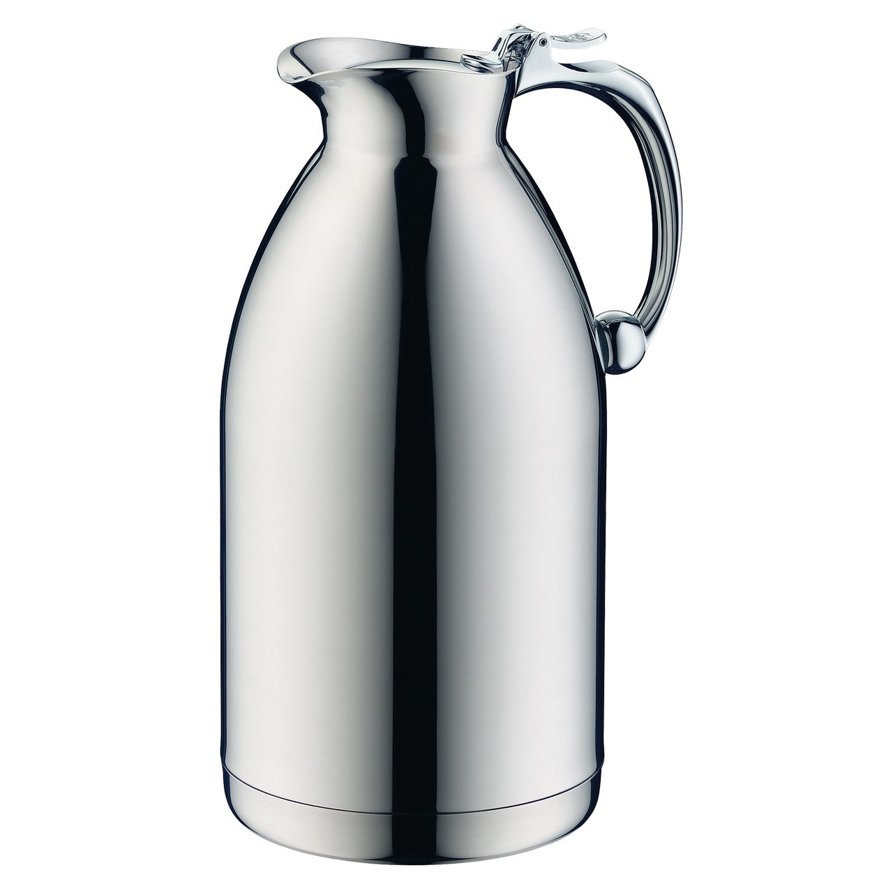 Das Bild zeigt eine elegante, silberne Thermoskanne mit einem geschwungenen Henkel. Die Oberfläche ist glatt und reflektierend, und die Form ist klassisch bauchig.