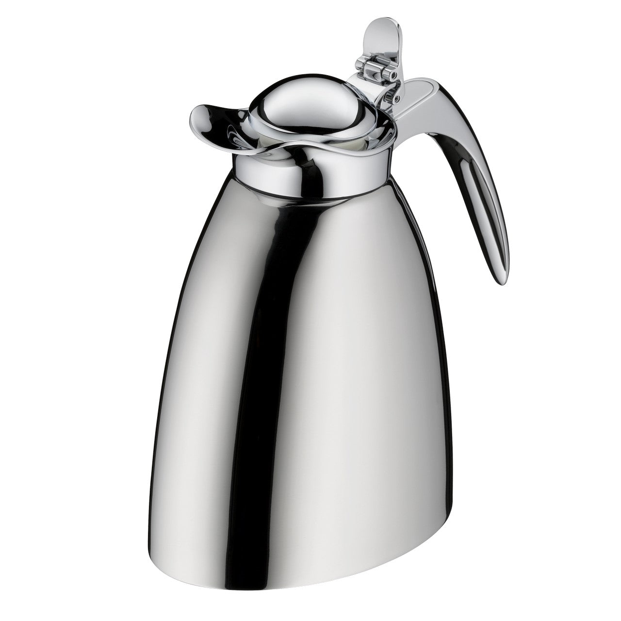 Auf dem Bild ist eine glänzende, silberne Thermoskanne mit einem eleganten, gebogenen Griff und einem Klappdeckel zu sehen. Die Kanne hat eine glatte, bauchige Form und wirkt modern und stilvoll.