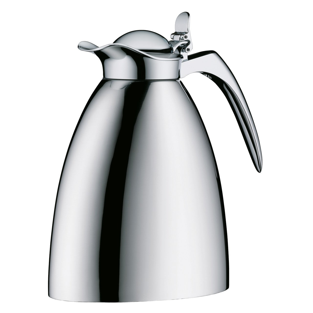 Auf dem Bild ist eine glänzende, silberne Thermoskanne aus Metall zu sehen. Sie hat eine bauchige Form mit einem eleganten, gebogenen Griff und einem kleinen Ausgießer. Der Deckel ist klappbar und nahtlos in das Design integriert.