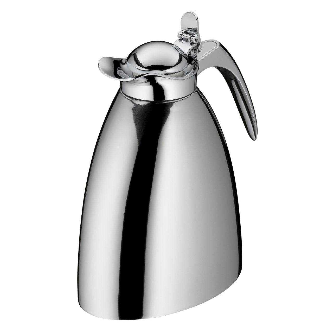 Das Bild zeigt eine glänzende, silberfarbene Thermoskanne mit einem geschwungenen Griff und einem klappbaren Deckel. Die Kanne hat eine elegante, konische Form.