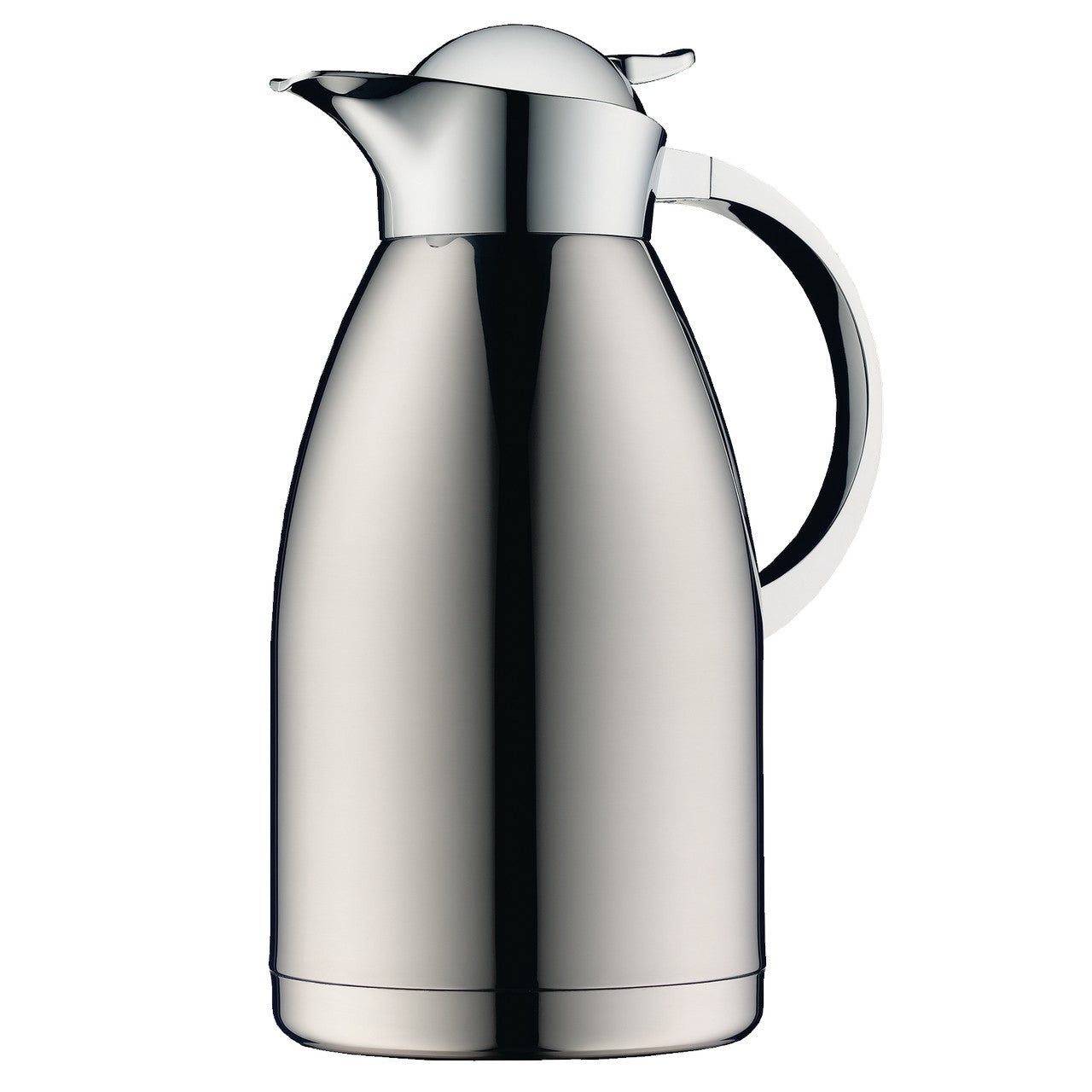 Das Bild zeigt eine glänzende, silberfarbene Isolierkanne mit einem eleganten, abgerundeten Design. Sie hat einen seitlichen Griff und einen Schnabel, der zum Ausgießen von Flüssigkeiten dient.