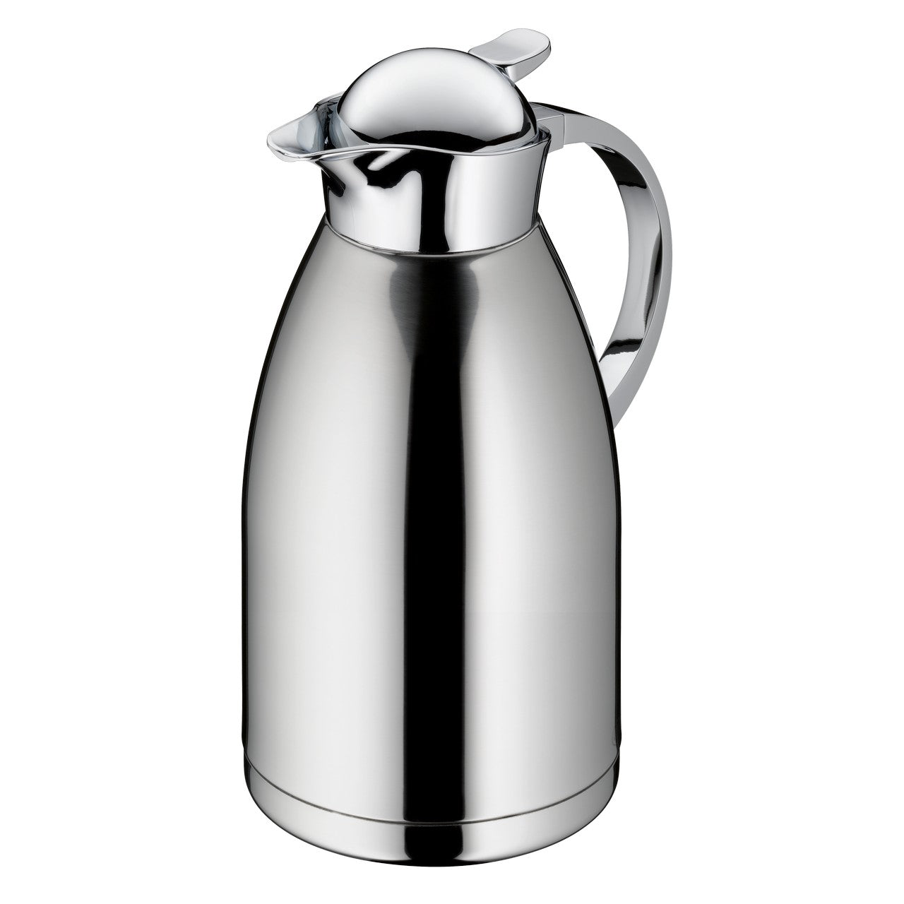 Das Bild zeigt eine silberne Thermoskanne aus Metall mit glänzender Oberfläche. Sie hat einen runden, kugelförmigen Deckel und einen geschwungenen Henkel auf der Rückseite.