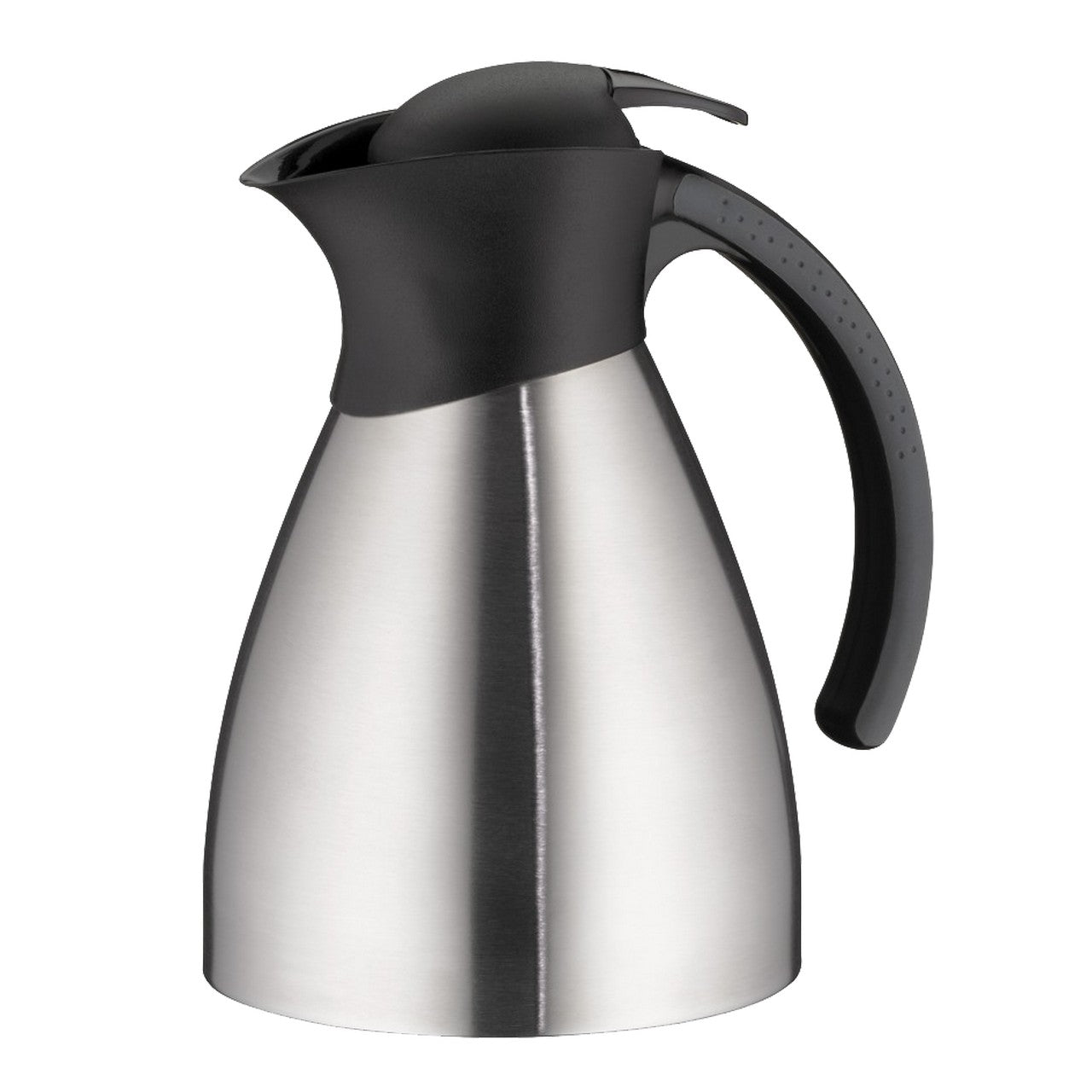Das Bild zeigt eine Thermoskanne aus Edelstahl mit einem schwarzen Kunststoffdeckel und -griff. Die Kanne hat eine bauchige, konische Form. Der Griff ist an der rechten Seite angebracht.
