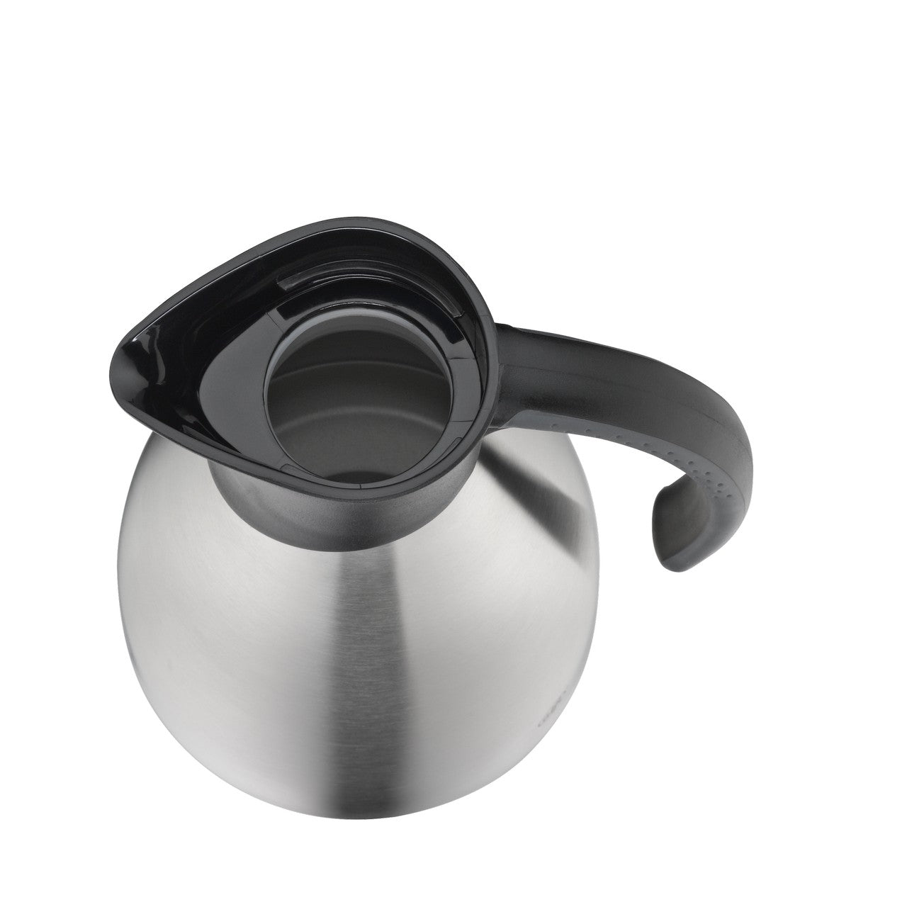 Das Bild zeigt eine silberne Thermoskanne aus Edelstahl mit einem schwarzen Kunststoffdeckel und einem schwarzen Henkel. Die Kanne hat eine bauchige Form und wird von oben betrachtet.