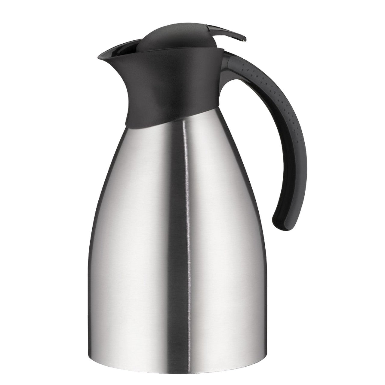 Das Bild zeigt eine silberne Thermoskanne mit einer glänzenden Oberfläche und einem schwarzen Kunststoffgriff. Der Deckel ist ebenfalls schwarz und hat eine leicht gebogene Form.