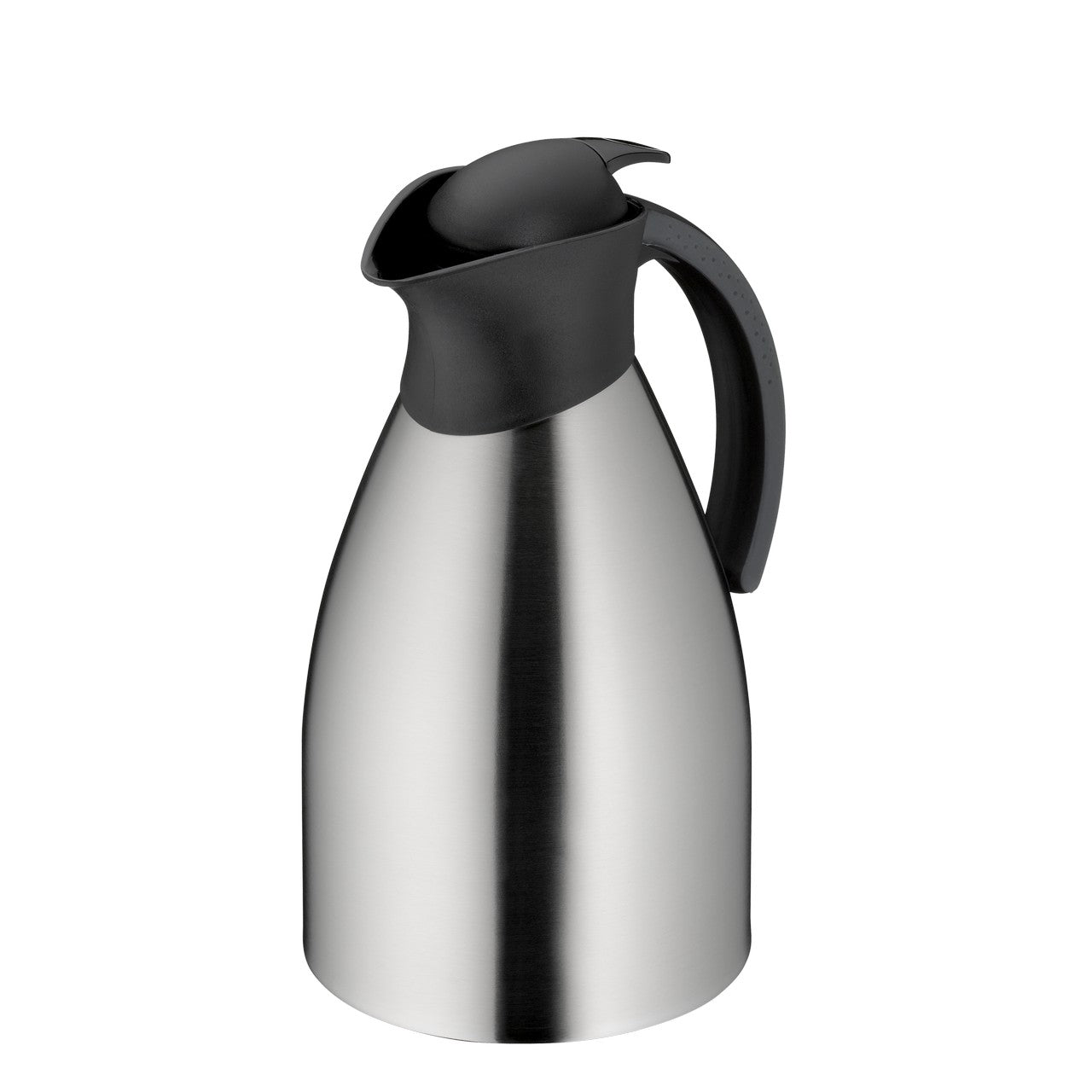 Das Bild zeigt eine silberne Thermoskanne mit schwarzem Deckel und Griff. Die Kanne hat eine elegante, bauchige Form und ist aus Edelstahl.