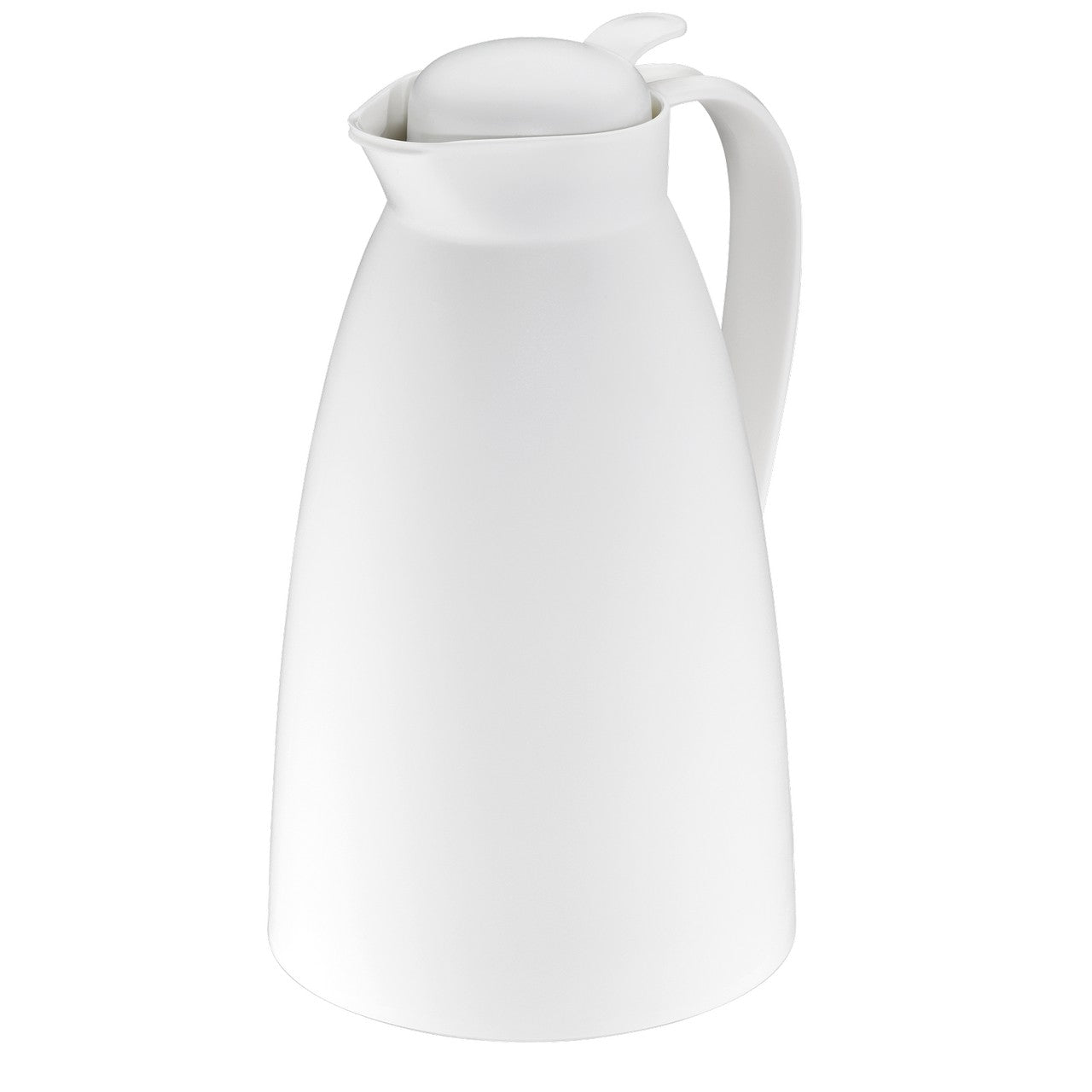 Das Bild zeigt eine weiße Thermoskanne mit einem schlichten, modernen Design. Sie hat einen Henkel und einen Deckel, der den Ausgießer verdeckt. Die Oberfläche ist glatt und die Form ist elegant und leicht bauchig.