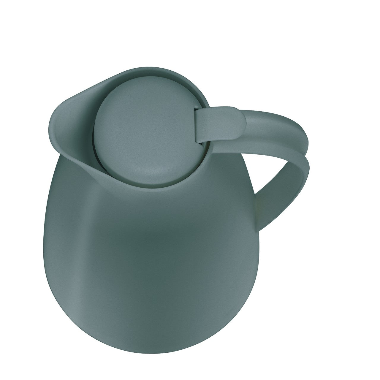 Das Bild zeigt eine matte, dunkelgrüne Kanne mit einem Henkel und einem schmalen Ausguss. Sie ist von oben fotografiert, sodass der innere spiralförmige Einsatz sichtbar ist.