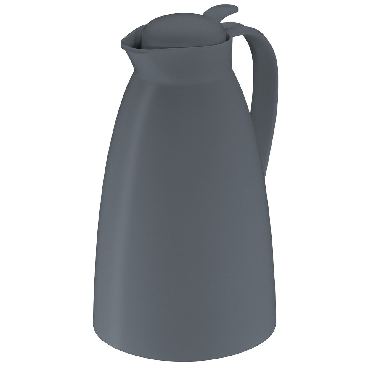 Auf dem Bild ist eine graue Thermoskanne von oben zu sehen. Der Fokus liegt auf dem Deckel und dem Griff. Die Kanne hat eine abgerundete Form und einen geringen Glanz.