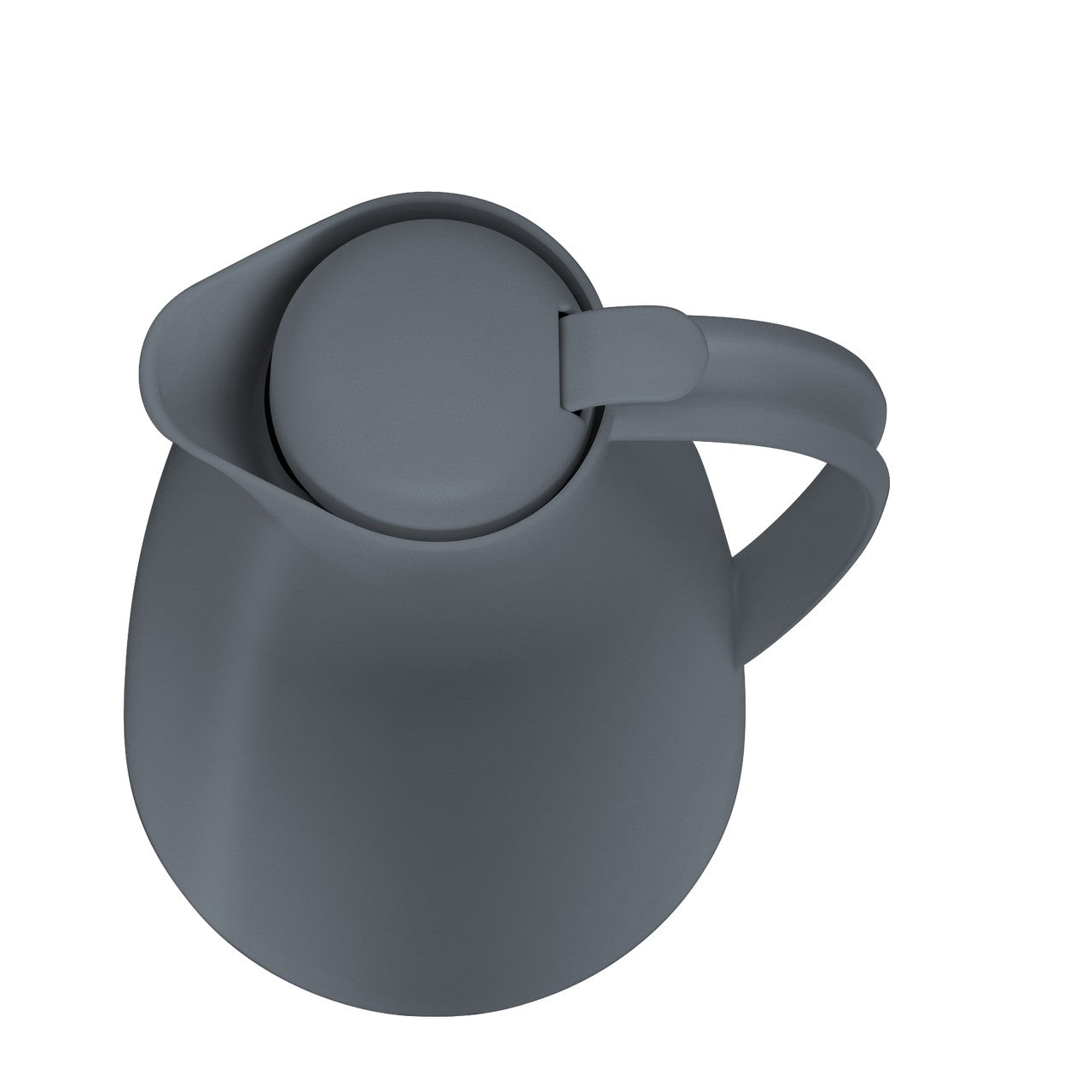 Es handelt sich um eine graue Thermoskanne, die aus der Vogelperspektive fotografiert wurde. Der Deckel ist geöffnet, und das glänzende Innere der Kanne ist sichtbar.
