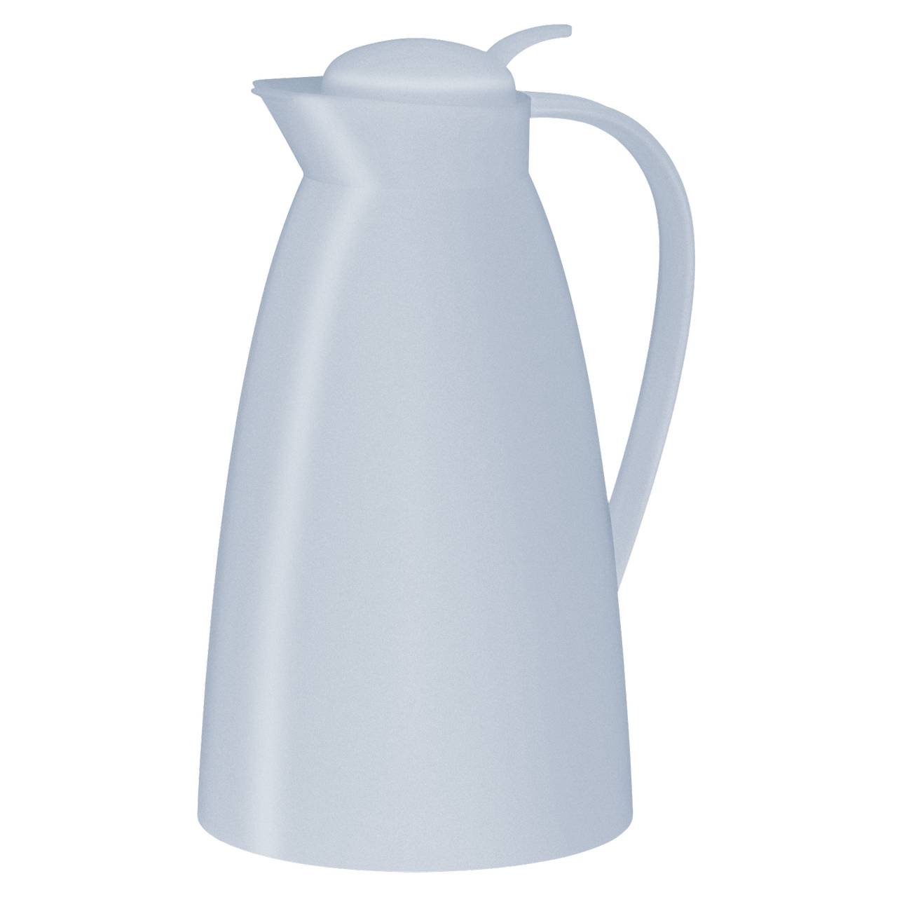Das Bild zeigt eine weiße Thermoskanne mit einem schlichten, eleganten Design. Sie hat eine leicht konische Form mit einem Deckel und einem Griff.