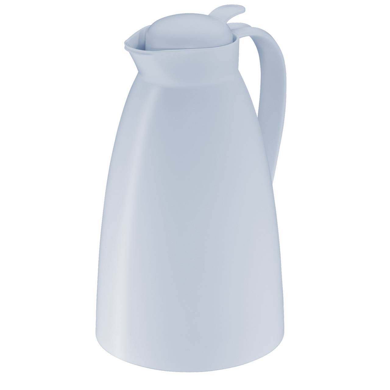 Das Bild zeigt eine hellblaue Thermoskanne mit einem geschwungenen Griff und einem abgerundeten Deckel. Die Kanne hat eine glatte, konische Form.