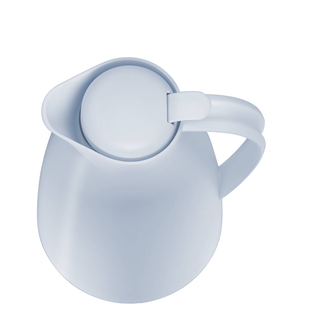 Das Bild zeigt eine hellblaue Kanne mit einem Griff und einem Ausguss. Die Kanne hat einen runden Deckel und eine schlichte, glatte Oberfläche.