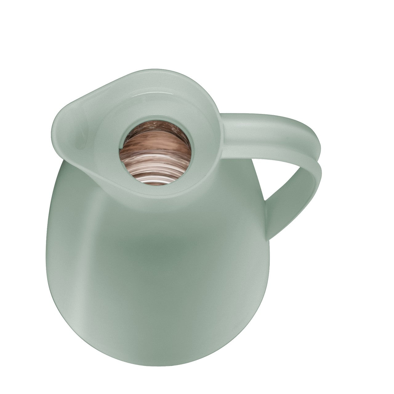 Das Bild zeigt eine mintgrüne Thermoskanne von oben, der Deckel ist abgenommen, sodass die Öffnung und die Innenwand sichtbar sind. Die Kanne hat einen schlichten, modernen Stil mit einem gebogenen Griff.