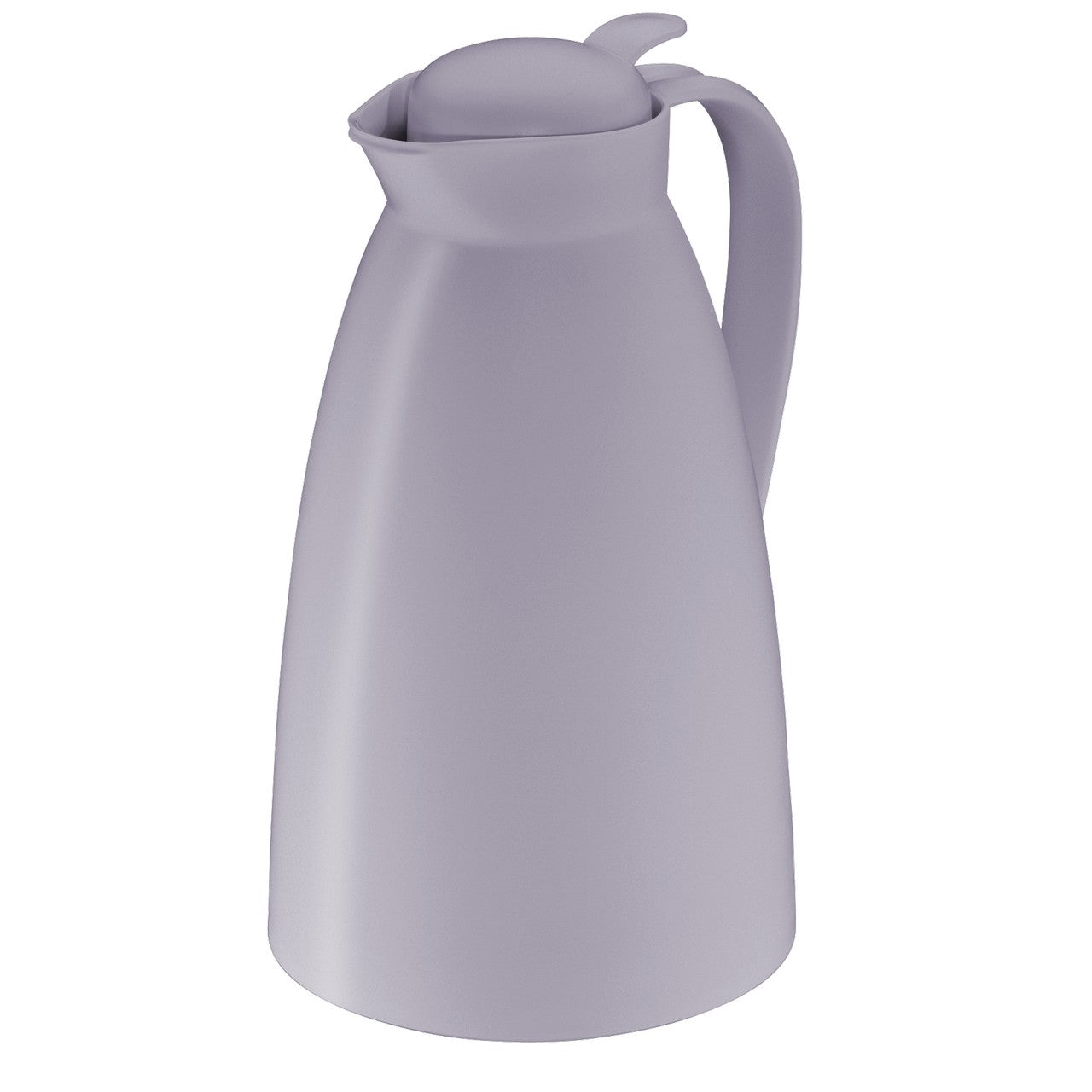 Das Bild zeigt eine hellviolette Thermoskanne von oben. Die Kanne hat einen runden Deckel und einen gebogenen Henkel auf der rechten Seite. Sie hat eine moderne, minimalistische Form.