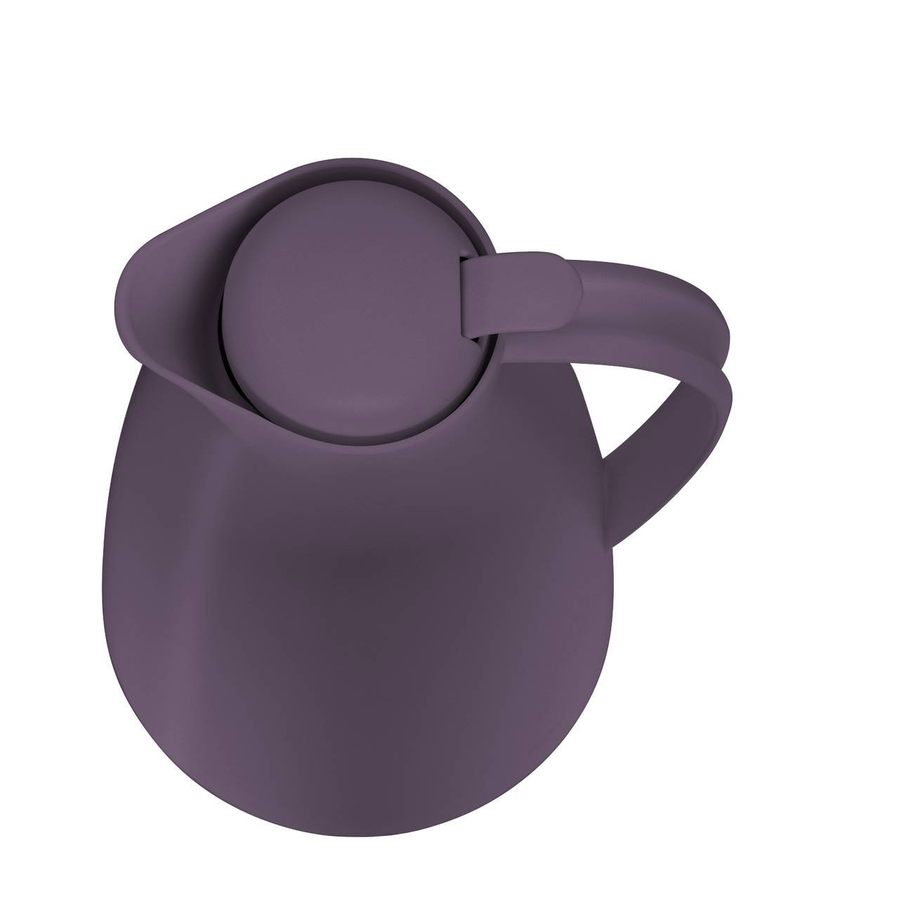 Das Bild zeigt eine lilafarbene Thermoskanne von oben. Die Kanne hat einen runden, glatten Deckel und einen gebogenen Griff auf der rechten Seite.