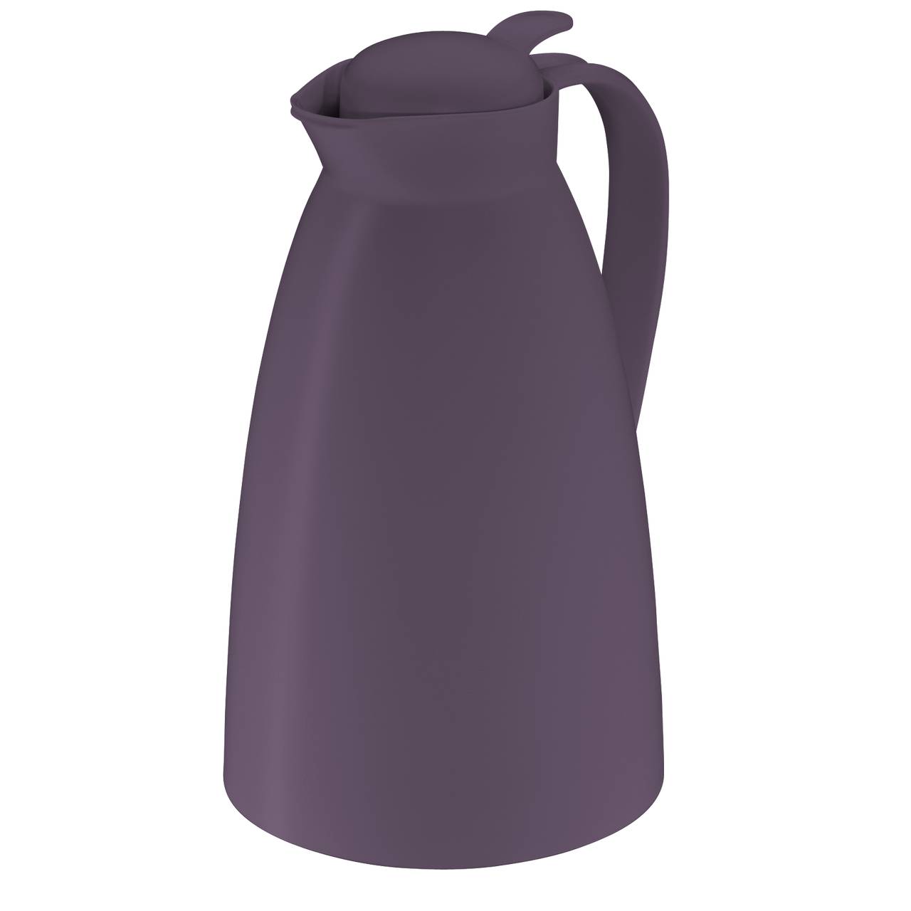 Auf dem Bild ist eine lilafarbene Thermoskanne mit Deckel und Griff zu sehen. Die Kanne hat eine schlichte, moderne Form und eine glatte Oberfläche.