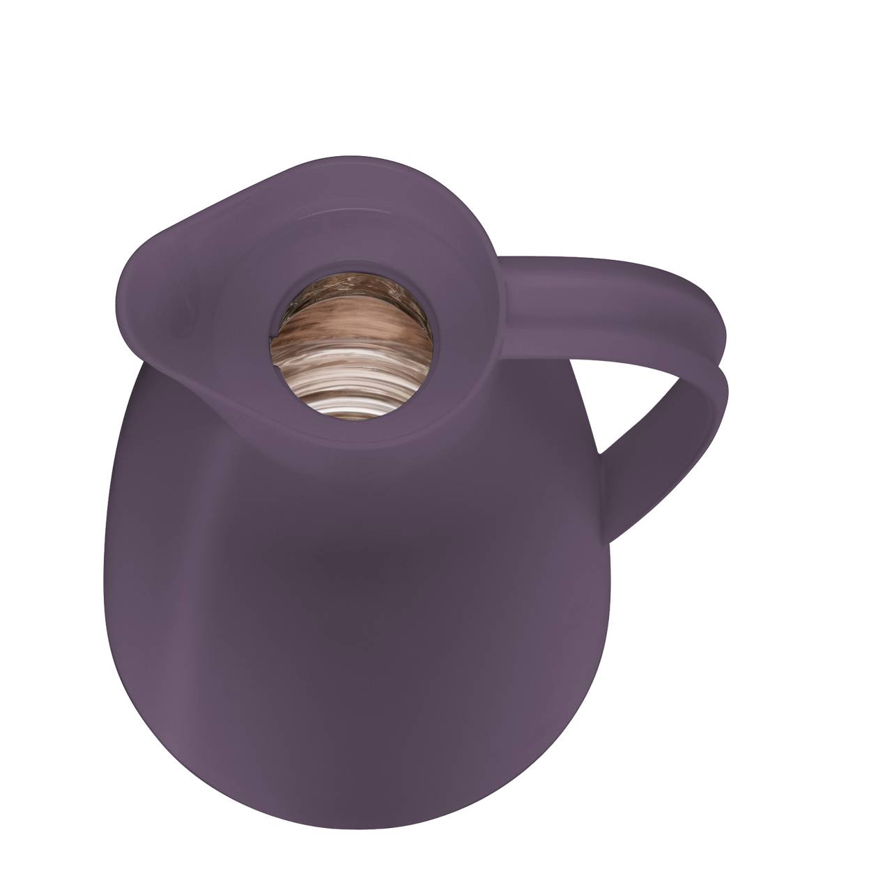 Das Bild zeigt einen lila Krug mit einem Griff, der aus der Vogelperspektive fotografiert wurde. Der Krug hat eine breite Öffnung ohne Deckel. In der Öffnung sieht man das Innere des Kruges, das aus einem beige-braunen Material besteht.