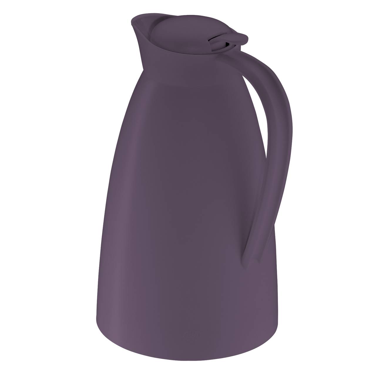 Das Bild zeigt eine dunkelviolette Thermoskanne mit einem schlanken Design und einem geschwungenen Griff. Der Deckel ist klappbar, und die gesamte Oberfläche wirkt matt.