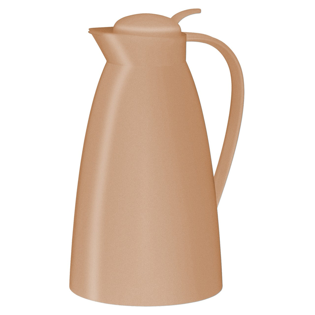 Es handelt sich um eine beigefarbene Thermoskanne mit einem schlichten, modernen Design. Die Kanne hat einen Henkel und einen Deckel mit einer kleinen Ausgießtülle.