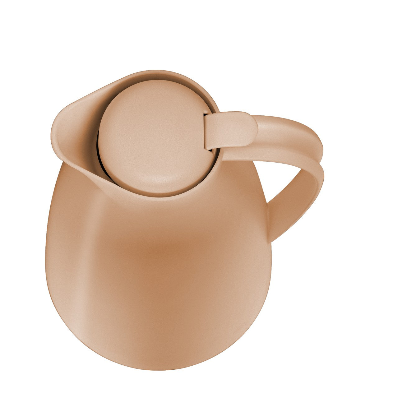 Das Bild zeigt eine beigefarbene Kaffeekanne aus Kunststoff, die von oben fotografiert wurde. Der Deckel hat eine kleine Öffnung, durch die Glas erkennbar ist, und die Kanne hat einen Griff auf der rechten Seite.