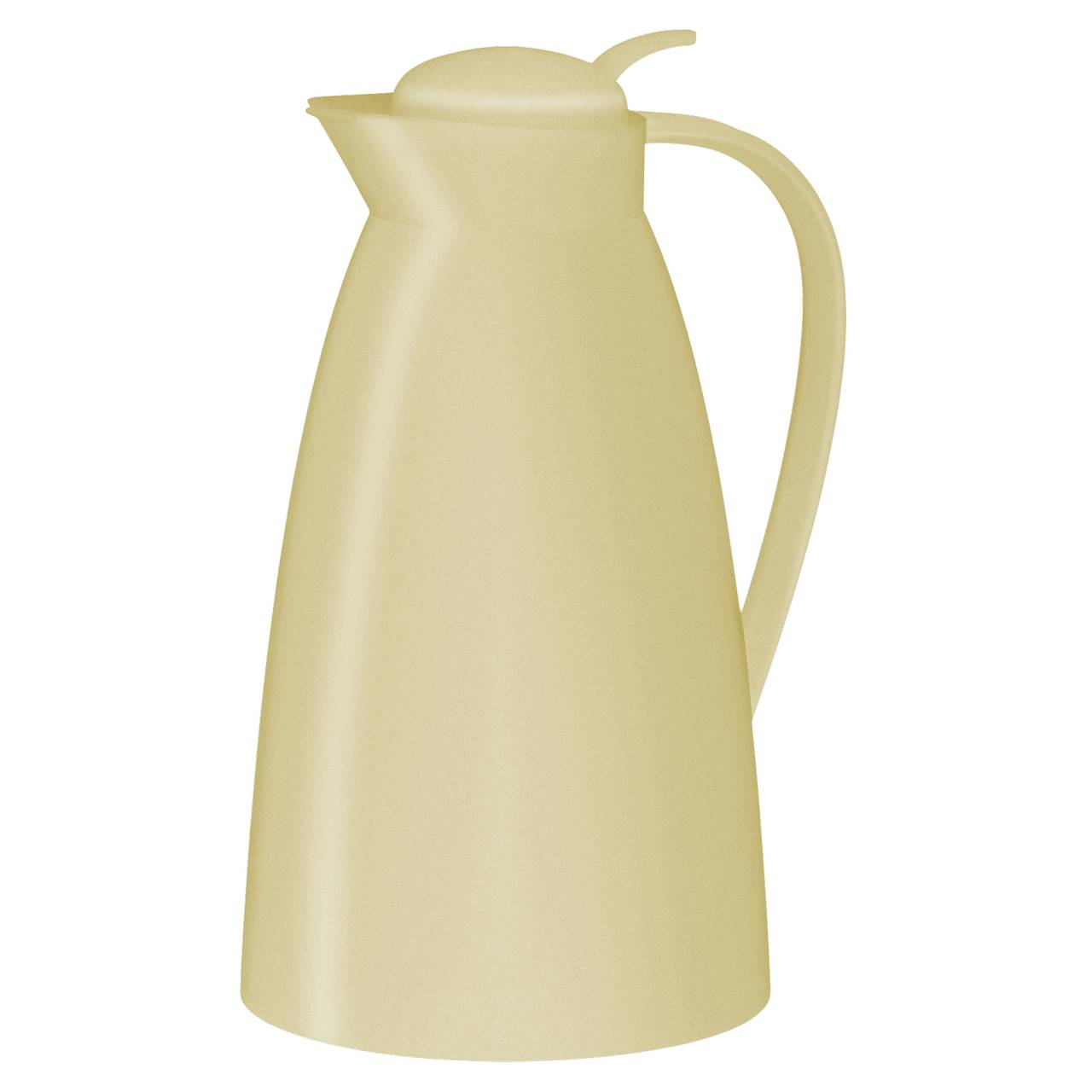 Auf dem Bild ist eine cremefarbene Thermoskanne mit einem schlanken, konischen Design zu sehen. Sie hat einen integrierten Deckel und einen geschwungenen Griff an der Seite.