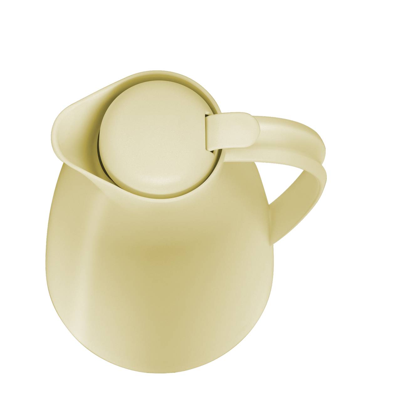 Das Bild zeigt eine beige Thermoskanne von oben. Die Kanne hat einen runden Deckel und einen geschwungenen Griff an der Seite.