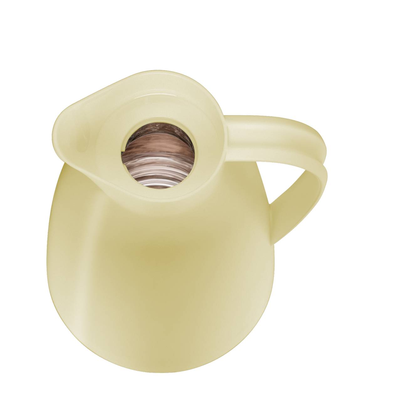 Das Bild zeigt eine beige Thermoskanne von oben, bei der der Deckel entfernt wurde. Man blickt in die geöffnete Kanne, die einen helikalen Einsatz hat, der nach unten sichtbar ist.