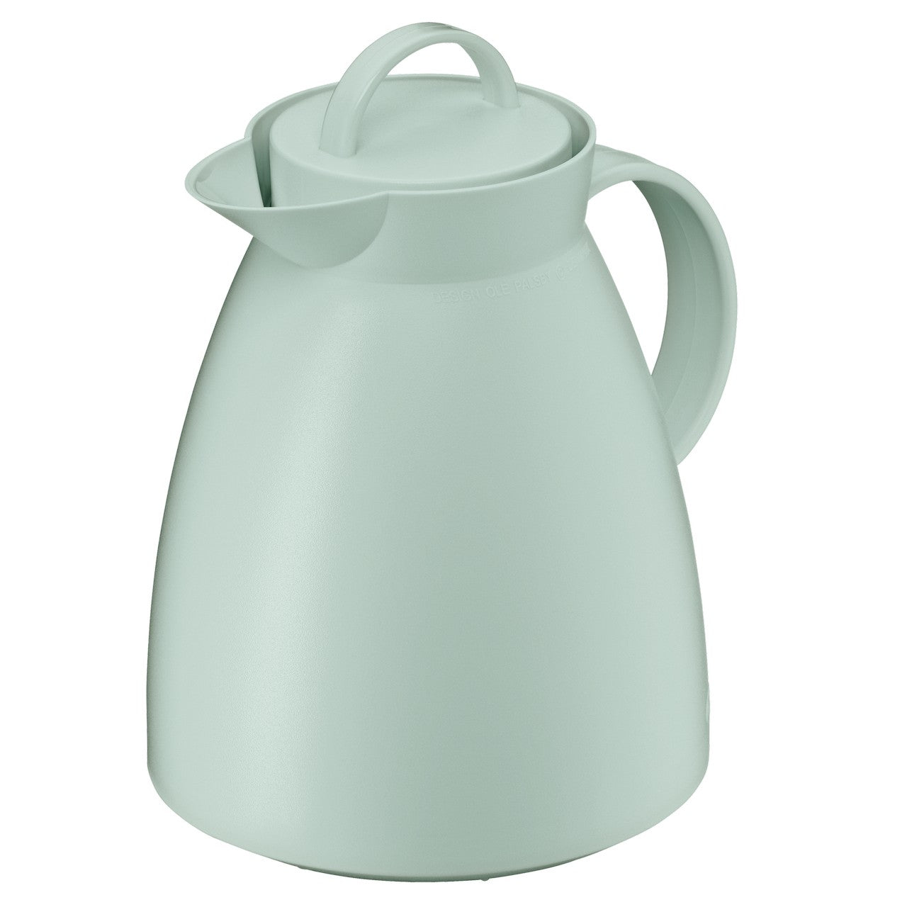Auf dem Bild ist eine hellgrüne, bauchige Thermoskanne mit einem seitlichen Griff zu sehen. Der Deckel der Kanne hat einen kleinen Henkel, und der Ausguss ist leicht nach vorne geneigt. Die Oberfläche wirkt glatt und aus Kunststoff gefertigt.