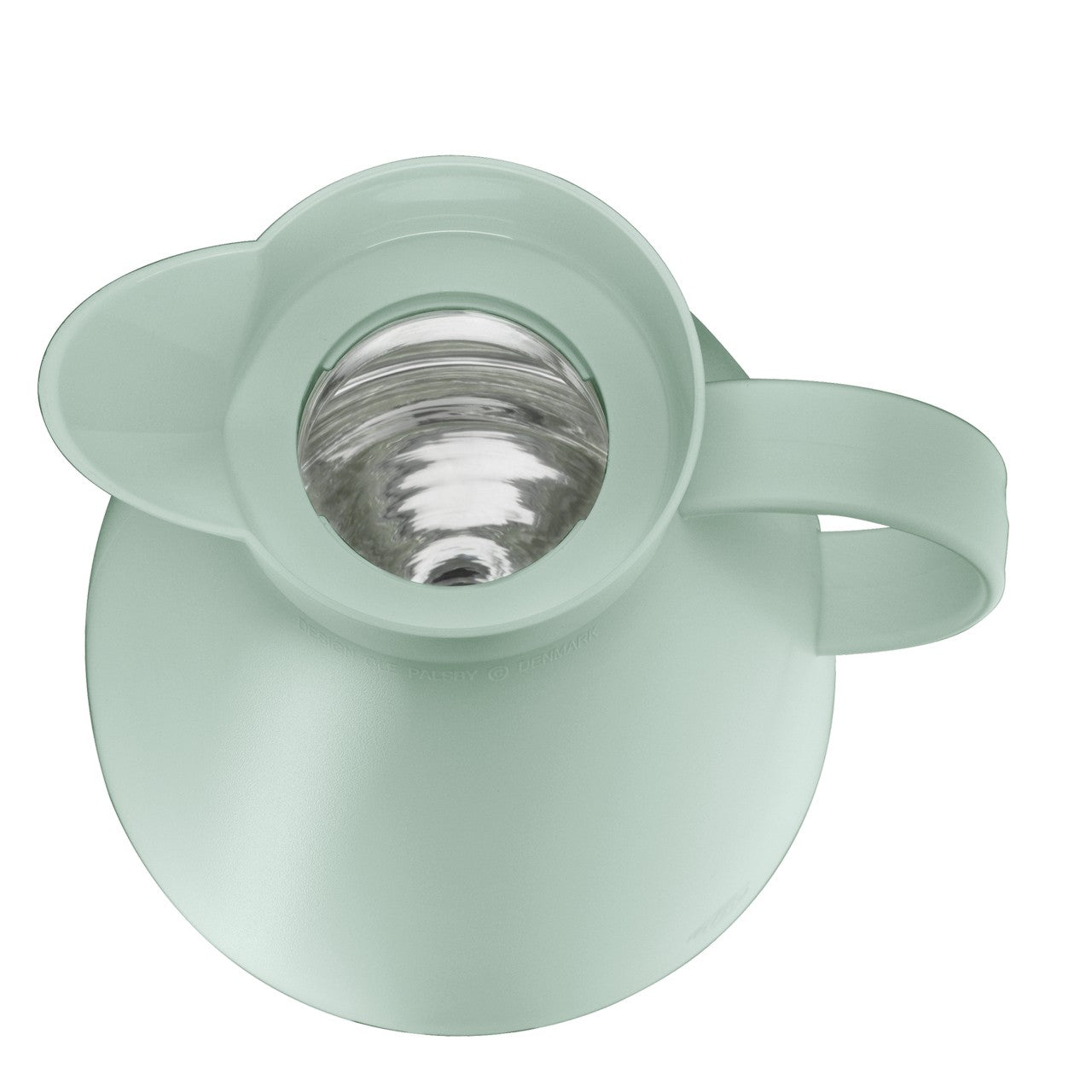 Das Bild zeigt eine hellgrüne Thermoskanne von oben, die aus Kunststoff zu sein scheint. Sie hat einen großen Griff auf der rechten Seite und eine breite Öffnung mit einem glänzenden Innenraum.