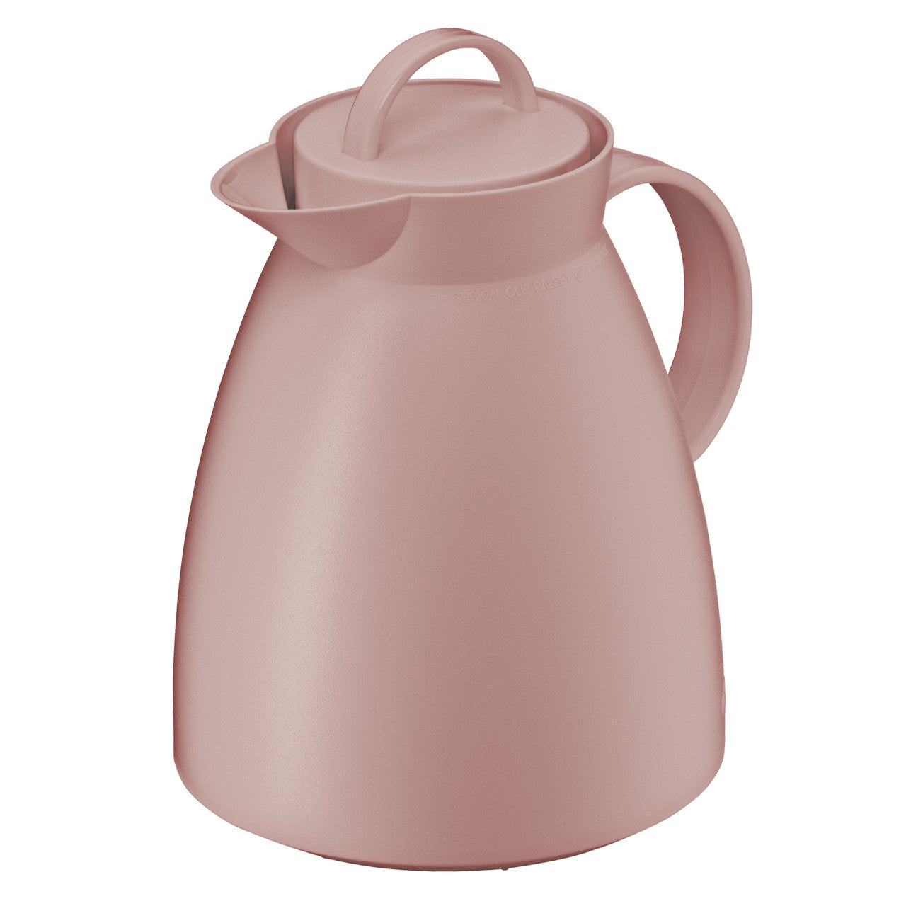 Das Bild zeigt eine rosa Thermoskanne mit einem runden Körper und einem geschwungenen Griff an der Seite. Der Deckel der Kanne hat einen integrierten Henkel und eine Ausgießöffnung.
