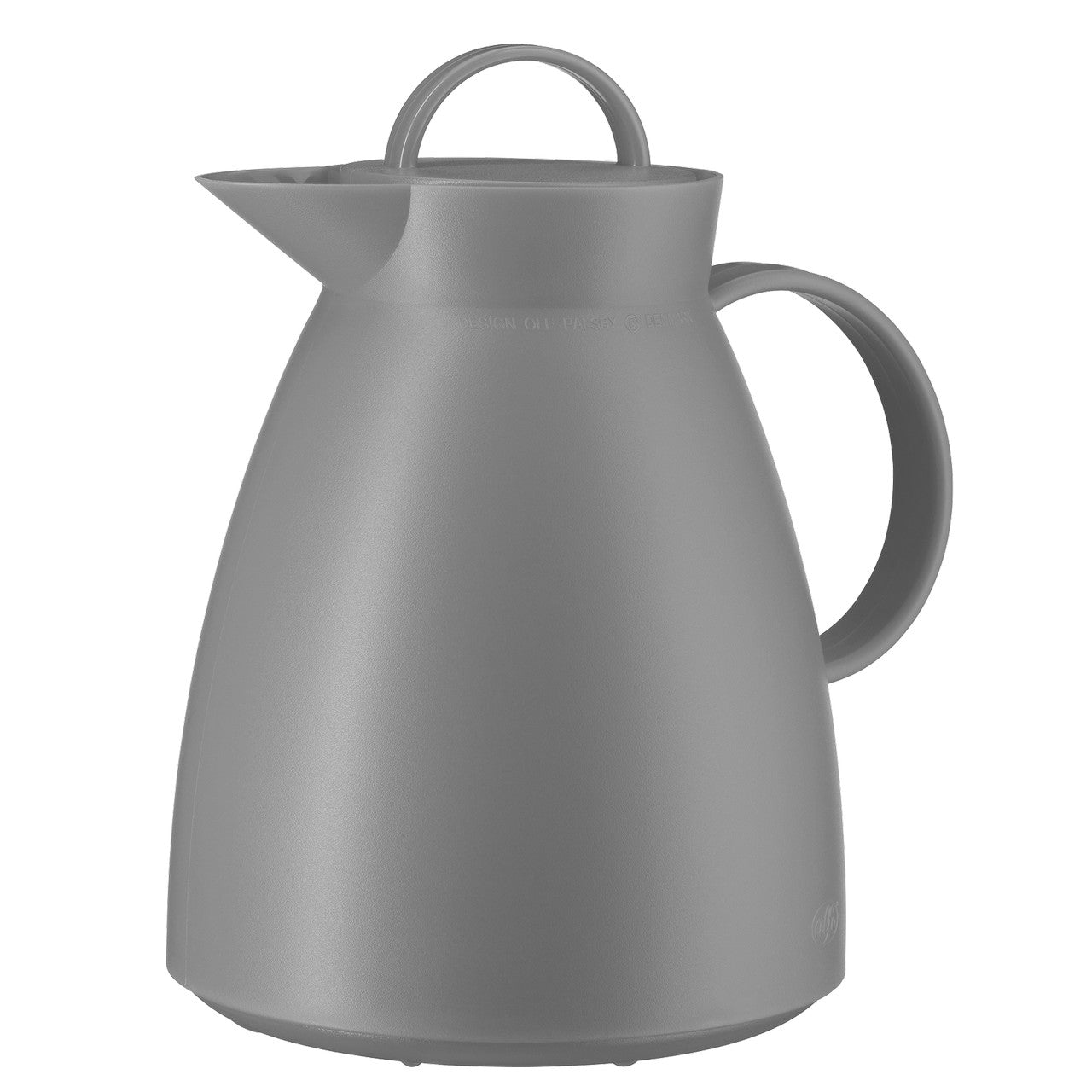 Das Bild zeigt eine graue Thermoskanne mit einem schlanken Design. Sie hat einen breiten Griff und einen kurzen, spitzen Ausguss an der Vorderseite. Oben ist ein runder Griff auf dem Deckel sichtbar.