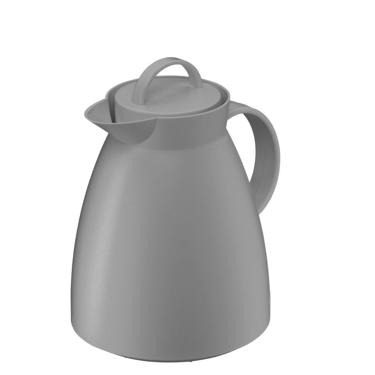 Auf dem Bild ist eine graue Thermoskanne mit einem geschwungenen Griff und einem kleinen Ausguss zu sehen. Sie hat eine glatte Oberfläche und einen Deckel mit einem integrierten Griff.