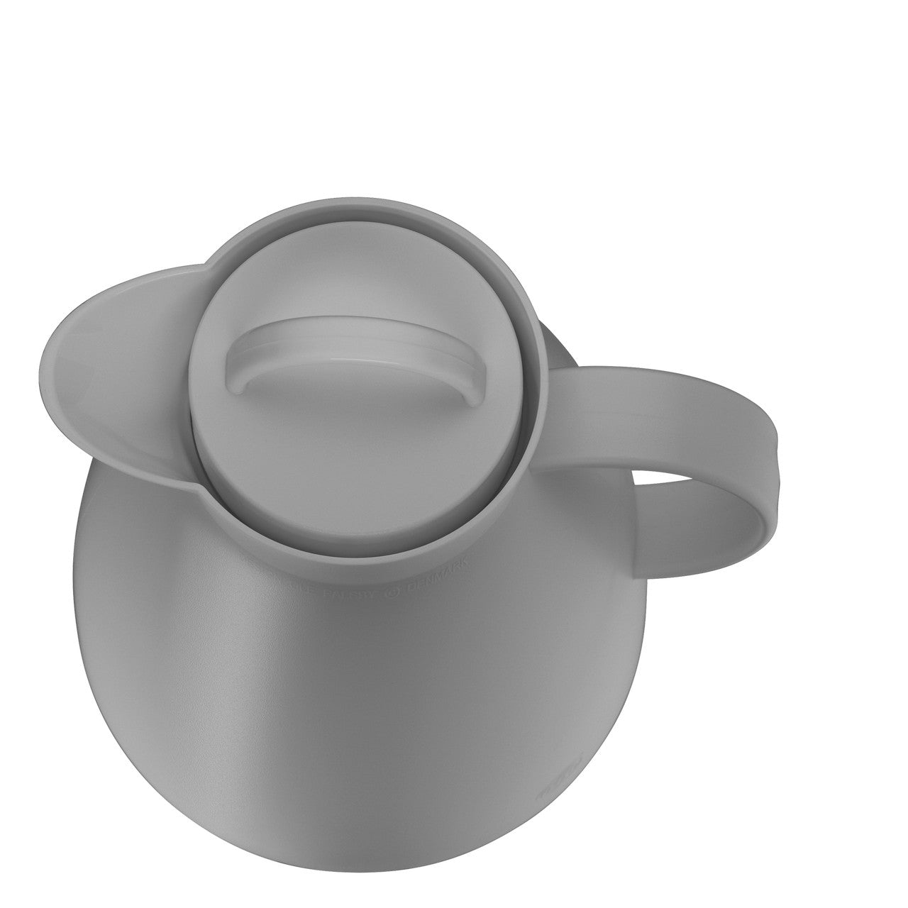 Das Bild zeigt eine graue Thermoskanne von oben, bei der der Deckel mit einem geschlossenen Griff zu sehen ist. Die Kanne hat einen breiten Ausguss und einen abgerundeten Henkel rechts. Sie ist schlicht und minimalistisch im Design.