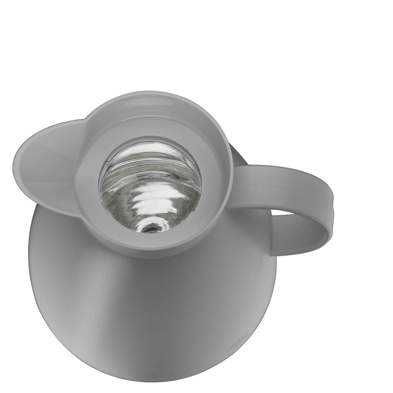 Das Bild zeigt eine graue Kanne mit einem durchsichtigen Deckel, aus der Perspektive von oben. Der Henkel ist deutlich sichtbar und die Oberfläche des Deckels ist glatt.