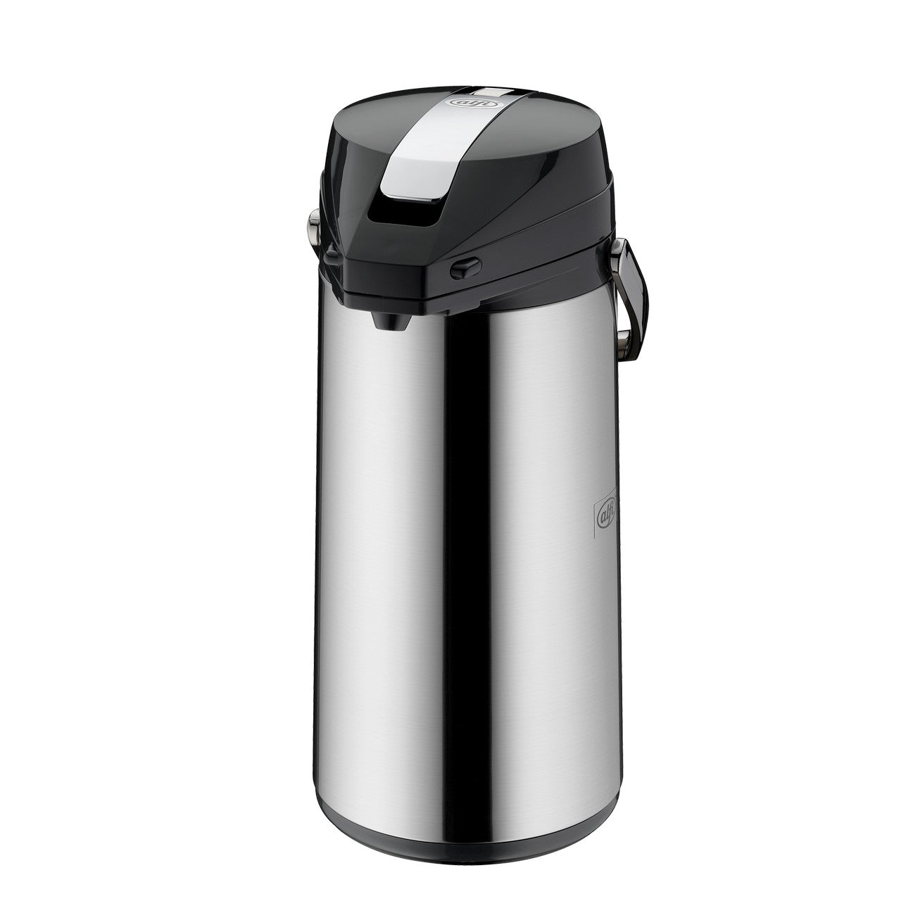 Auf dem Bild ist eine silberne Thermoskanne mit einem schwarzen Deckel zu sehen. Der Deckel hat einen Pumpmechanismus, der oft verwendet wird, um Getränke auszuschenken. Das Design ist schlicht und funktional.
