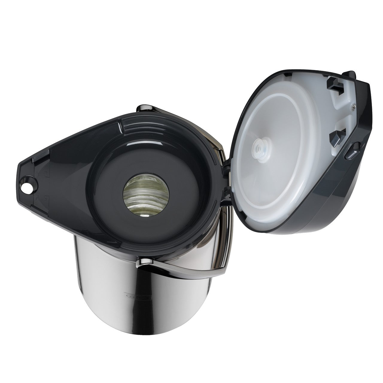 Ein zylindrischer Mülleimer aus Edelstahl hat einen offenen schwarzen Deckel mit dreieckiger Form und abgerundeten Ecken. Im Deckelinneren befindet sich ein Verschlussmechanismus.