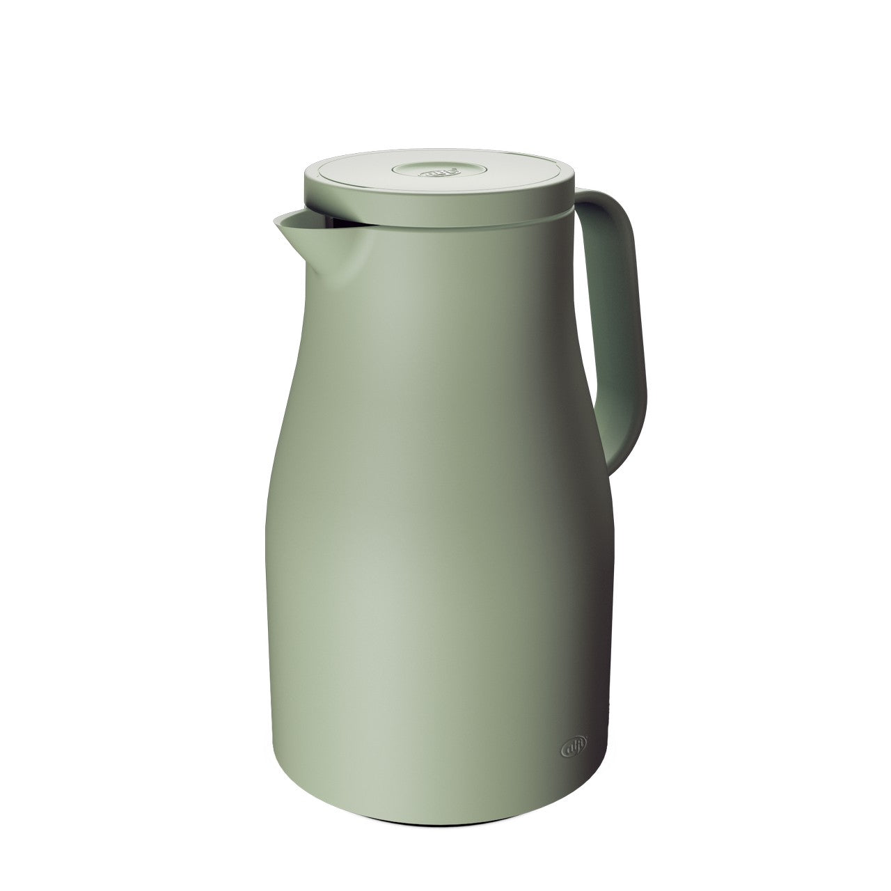 Das Bild zeigt eine grüne Thermoskanne mit einem glatten, modernen Design. Die Kanne hat einen Henkel auf der rechten Seite und einen schmalen Ausguss.