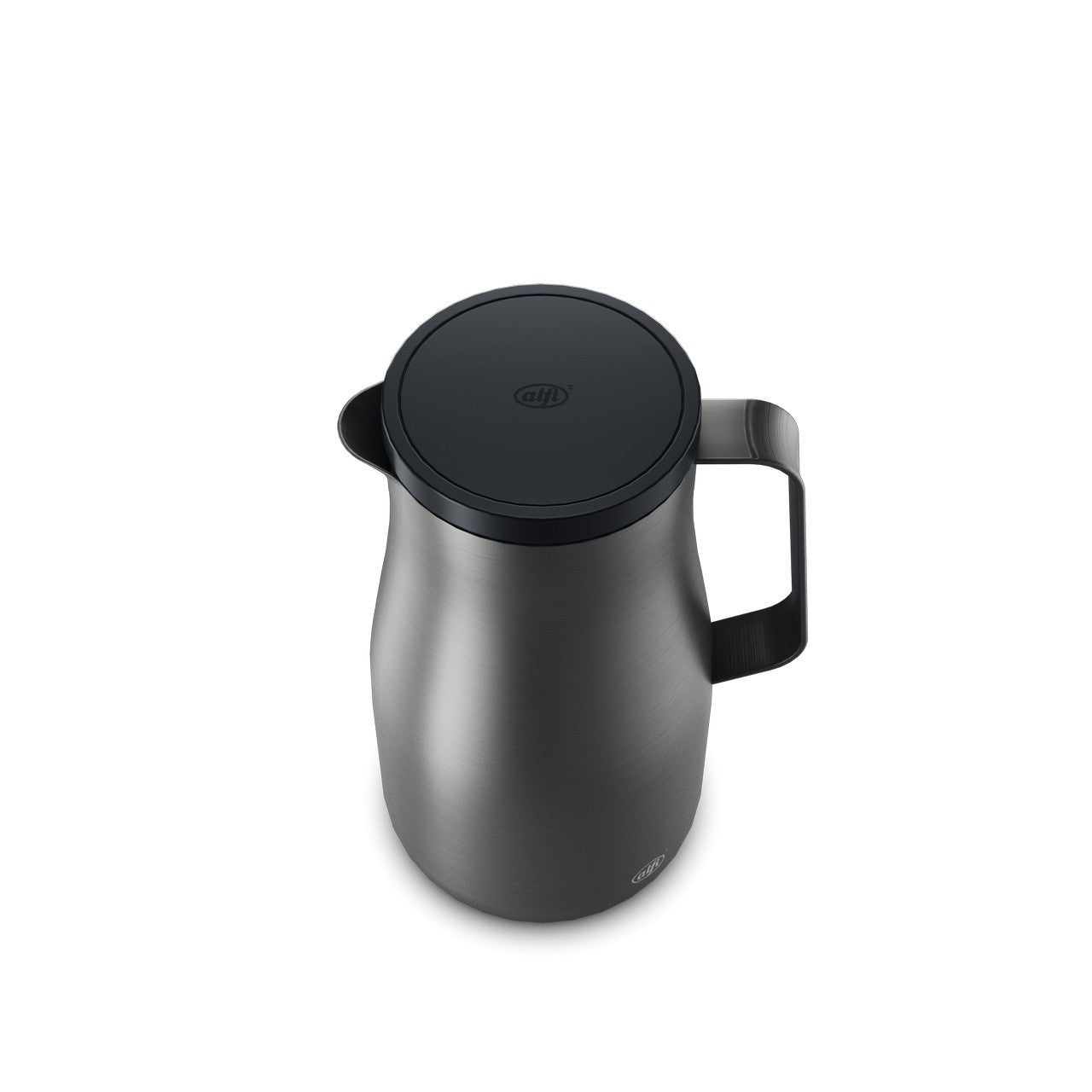 Auf dem Bild ist eine stilvolle, schwarze Thermoskanne mit einem geschwungenen Griff zu sehen. Die Kanne hat eine glatte, matte Oberfläche und einen flachen Deckel.